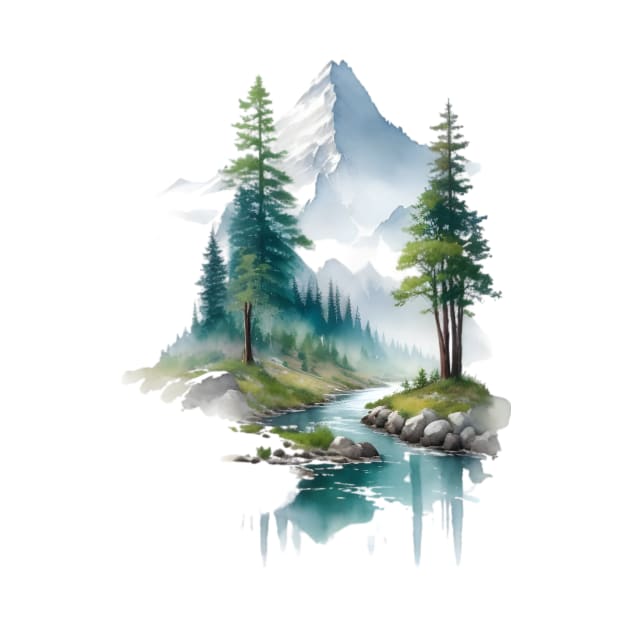 Trees and mountain with river Nature illustration by emofix