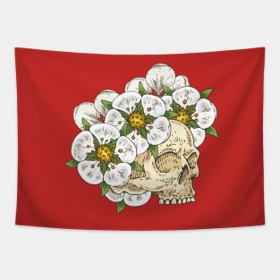 Voodoo Skull in White Flower Wreath Tapestry