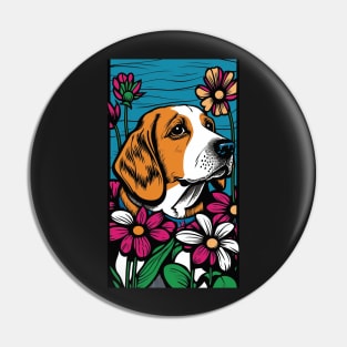 Beagle Dog Vibrant Tropical Flower Tall Retro Vintage Digital Pop Art Portrait Pin