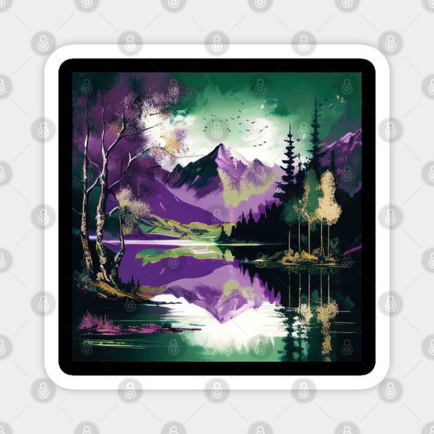 Purple and Green Duotone Mountain Lake Magnet by The Art Mage