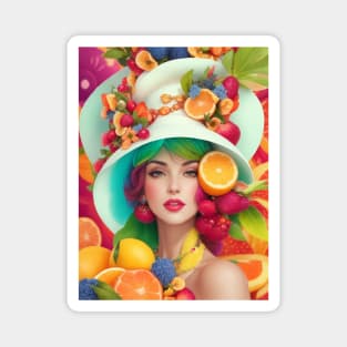 А woman with a white hat and some colorful fruity Magnet