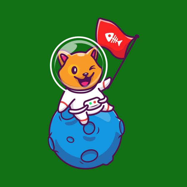 Cute Cat Astronaut Sitting On Moon With Bone Fish Flag Cartoon by Catalyst Labs