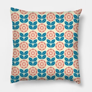 Retro Geometric Flower Pattern 5 in Celadon Blue, Peach, Salmon and Yellow Pillow