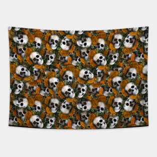 Vintage Skull Roses Garden - Halloween Orange Pattern Tapestry