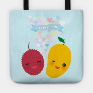 Kawaii lychee and mango with pink cheeks and winking eyes Tote