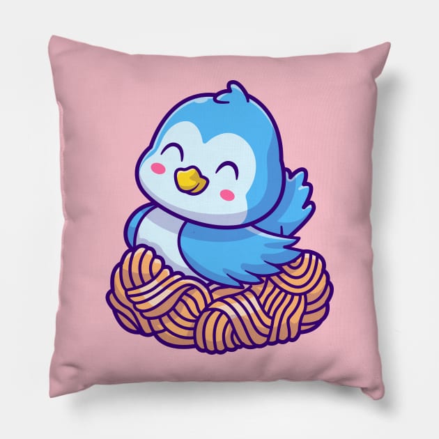 Cute Bird Sitting In Nest Cartoon Pillow by Catalyst Labs