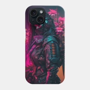 80s Cyberpunk Female Samurai Covered in Blossoms Phone Case