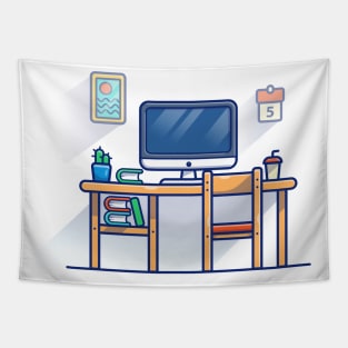 Monitor, Calendar, Picture, Cup, Desk, chair, Cactus, Vas And Books Cartoon Tapestry