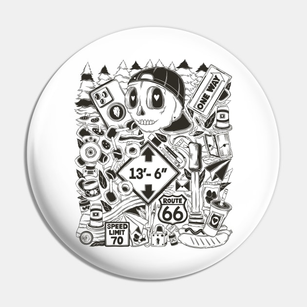 Truck Driving to Art- Skeleton Doodle Art Pin by Scriptnbones