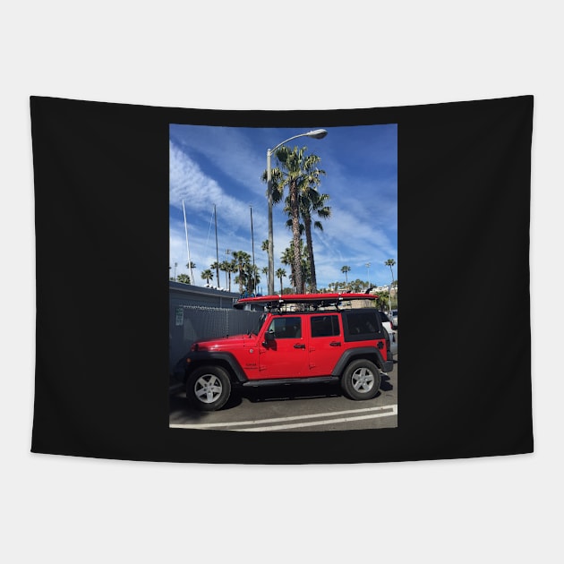 Red Jeep in Santa Barbara Tapestry by ephotocard