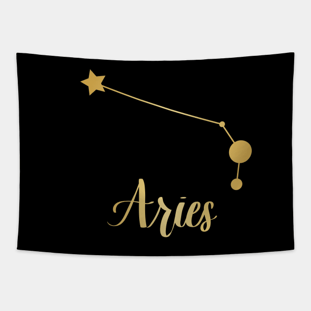 Aries Zodiac Constellation in Gold - Black Tapestry by Kelly Gigi