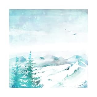 Watercolor Winter Scene Snowy Mountains T-Shirt