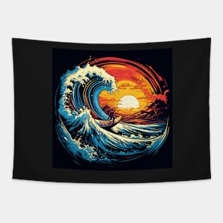 Sunset Surf Ballet: Dancing with Massive Waves Tapestry