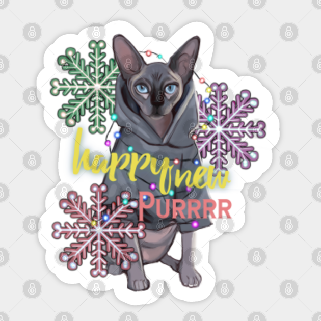 Happy New Purrr Cute Sphinx in hoodie with garland and snowflakes - New Year Cat - Sticker