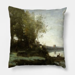 River with a Distant Tower by Jean-Baptiste-Camille Corot Pillow