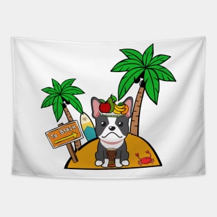 Funny french bulldog is on a deserted island Tapestry