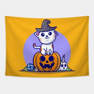 Cute Witch Cat Sitting Pumpkin Halloween Cartoon Vector Icon Illustration Tapestry