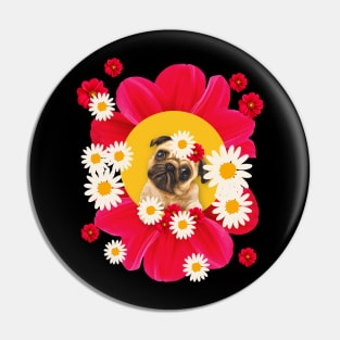 pug in pink flowers Pin