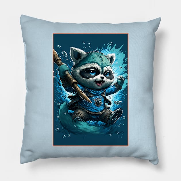 Warrior Raccoon Splash Art Smiling and holding a spear. Pillow by JoJoLikesToast