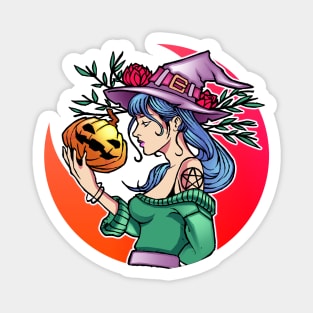 Halloween Cute Witch With Pumpkin and the Moon Magnet