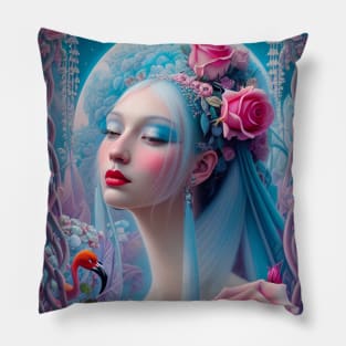 Romantic Lady With Flamingos And Roses Pillow