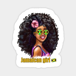 The best Gifts for black women 2022 Jamaican girl with Jamaican flag Sun shades and pink hibiscus flower in her big natural afro hair. Jamaica Magnet