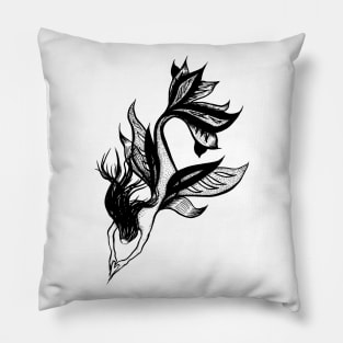 Beautiful mermaid black and white ink drawing Pillow