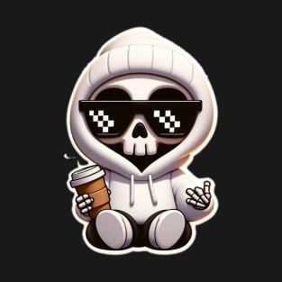 Skull with thuglife glasses with a coffee in a white hoodie T-Shirt