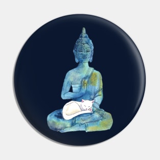 Watercolor Meditating Zen Buddha Statue with Sleepy Cat Pin