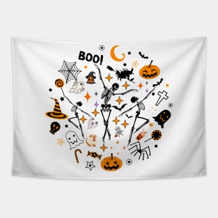 Skeleton funny dancing Halloween pumpkin Tapestry