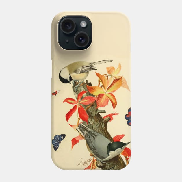 CHICKADEES ,BUTTERFLIES AND LADYBIRD ON A BRANCH WITH RED LEAVES Phone Case by BulganLumini