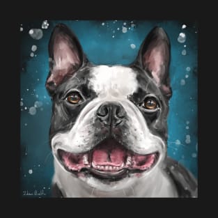 Painting of a Happy Boston Terrier Smiling on Blue Background T-Shirt