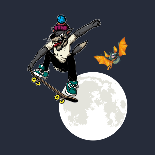 Skateboarding Wolf Over the Moon Bat
