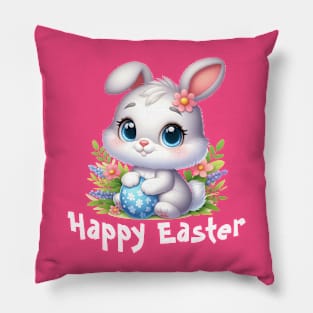 Cute White Easter Bunny with Blue Egg Pillow