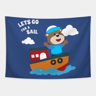 Cute bear the animal sailor on the boat with cartoon style. Tapestry