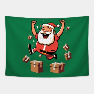 Happy Santa Claus jumping between gift boxes Tapestry