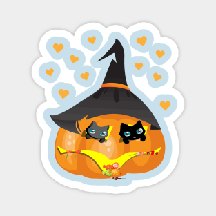 Black and Gray Cat in a Pumpkin House with Sweets Magnet