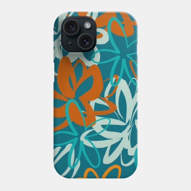 Lotus Garden Painted Floral Abstract in Aqua, Turquoise, Orange, Rust, and Teal Phone Case by KierkegaardDesignStudio