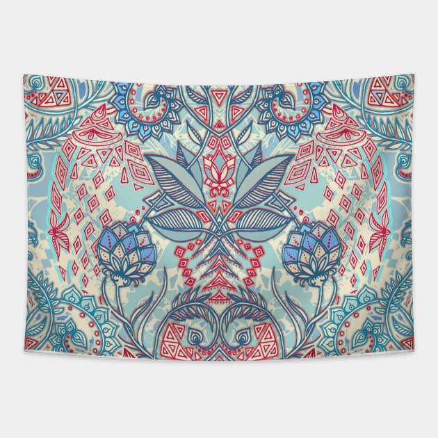 Botanical Geometry - nature pattern in red, blue & cream Tapestry by micklyn