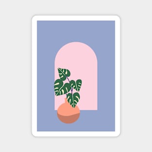 Monstera plant and arched window - blue Magnet