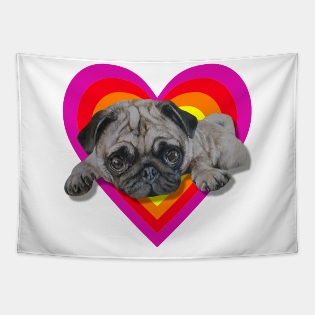 Adorable realistic pug painting on a digital vibrant heart - Pug - Tapestry