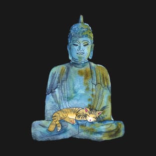 Watercolor Buddha Statue with Sleeping Tabby Cat T-Shirt