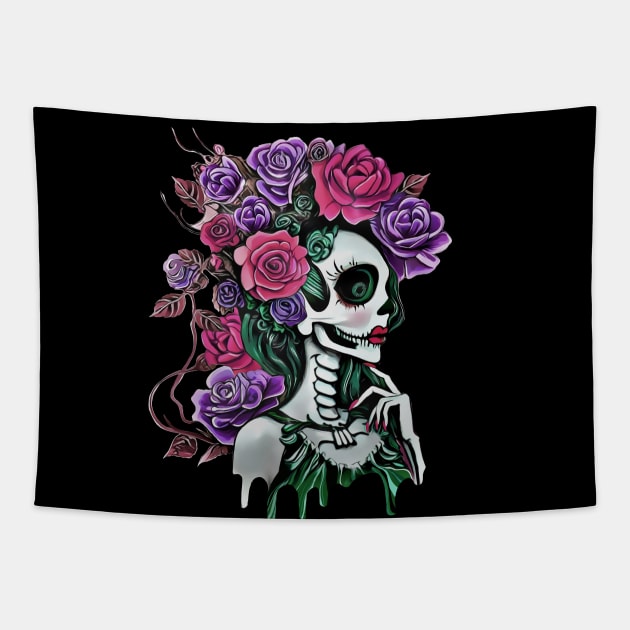 La catrina, calavera, Lady skull, sugar skull, dark, skeletons lovers, cool skulls, bones, gothic floral lady Tapestry by Collagedream