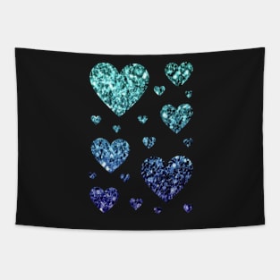 Teal and Dark Blue Ombre Faux Glitter Hearts Tapestry