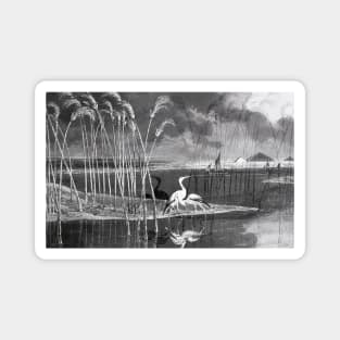 Egrets on the lake in dark dimension Magnet