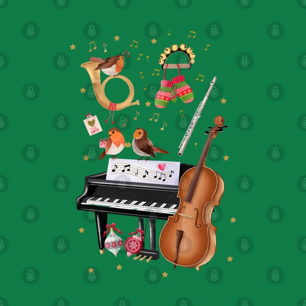 Christmas joy with singing robins and music instruments by CalliLetters