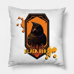 black bird on an orange background with a little splash effect Pillow