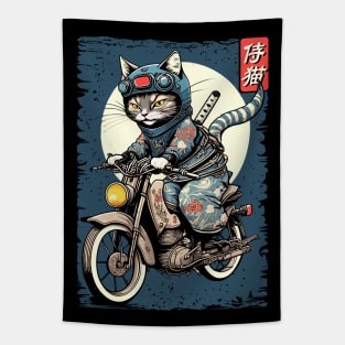Japanese Samurai Cat on Motorcycle Kawaii Ninja Cat Tapestry