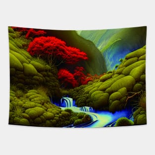 Beautiful Digital Painting With a Blue Running River Near Mountains Tapestry