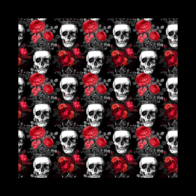 Skulls crowns and faded red roses on a dark black background by pickledpossums